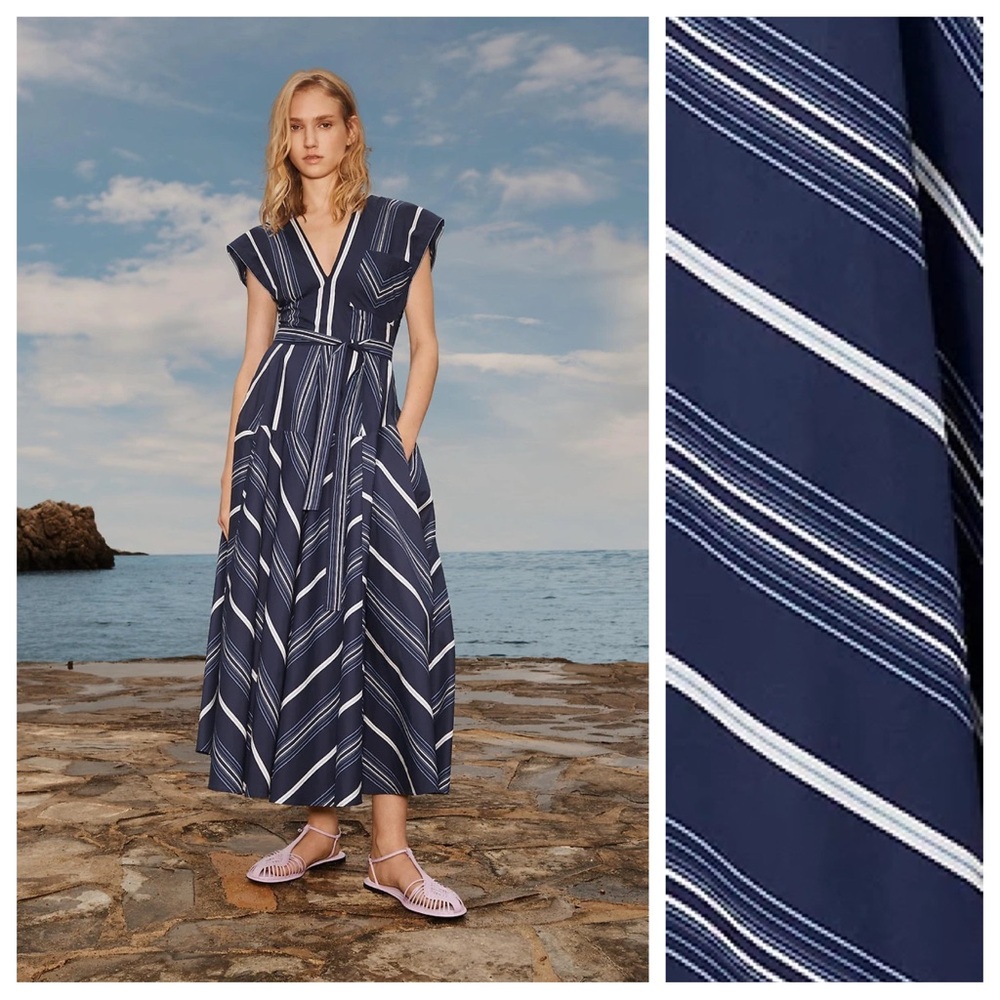 NWT. Zara Limited Edition Blue Cotton Yarn Striped Godet Midi Dress. Size M.